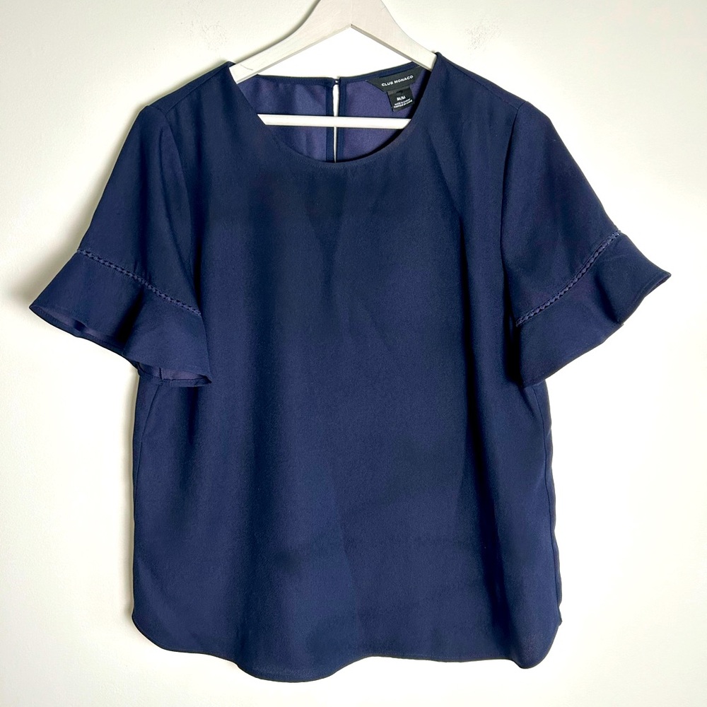 Club Monaco Navy Blue Crepe Blouse with Detailed Sleeves